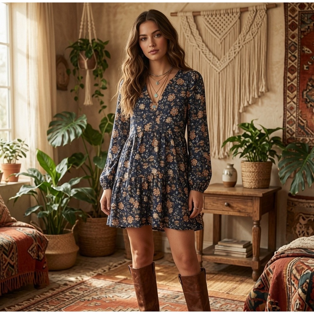 Melloday Navy Blue Floral Babydoll Mini Dress V-Neck Long Sleeve Womens Medium